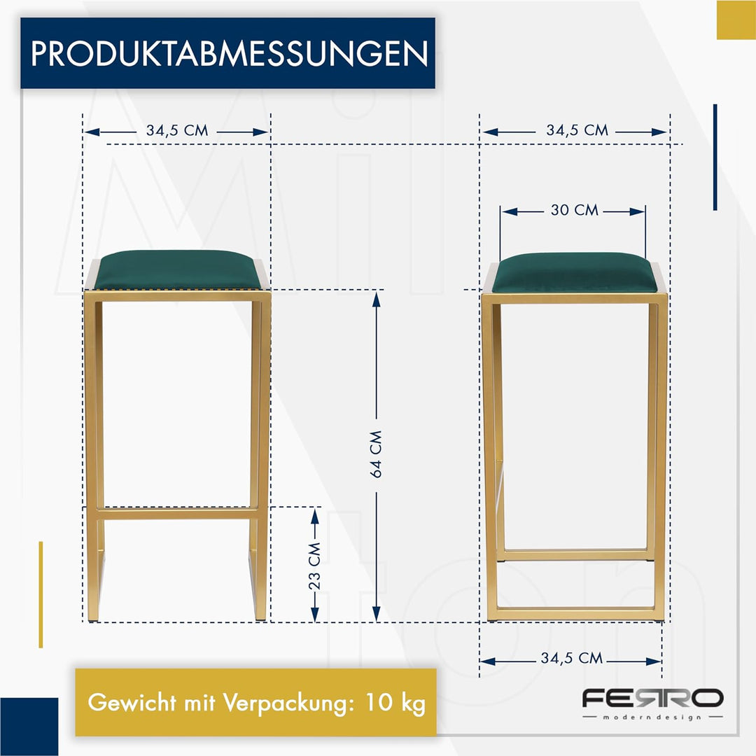 FERRO modern design Barhocker Gold ohne Lehne 64 cm - Metal Barstuhl mit Gepolstertem Sitz - Loft St