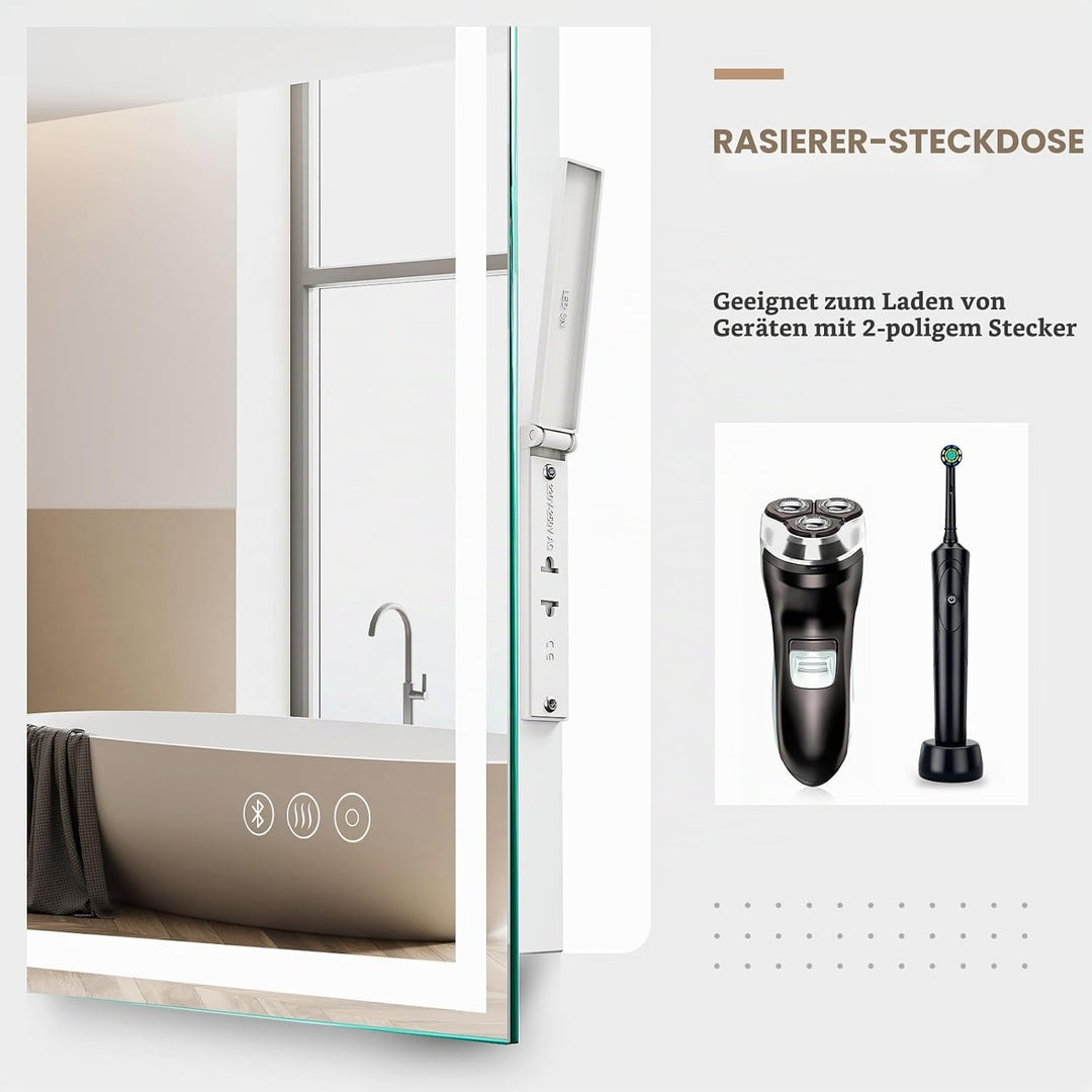 Dripex Badspiegel mit Beleuchtung Led Spiegel mit Bluetooth-Lautsprecher und Steckdose, Dimmbar, 3 L