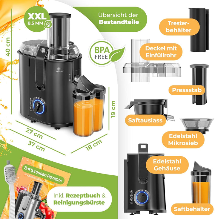 KESSER® Entsafter für Obst und Gemüse aus Edelstahl 1100W grosse 85 mm Einfüllöffnung inkl. Reinigun