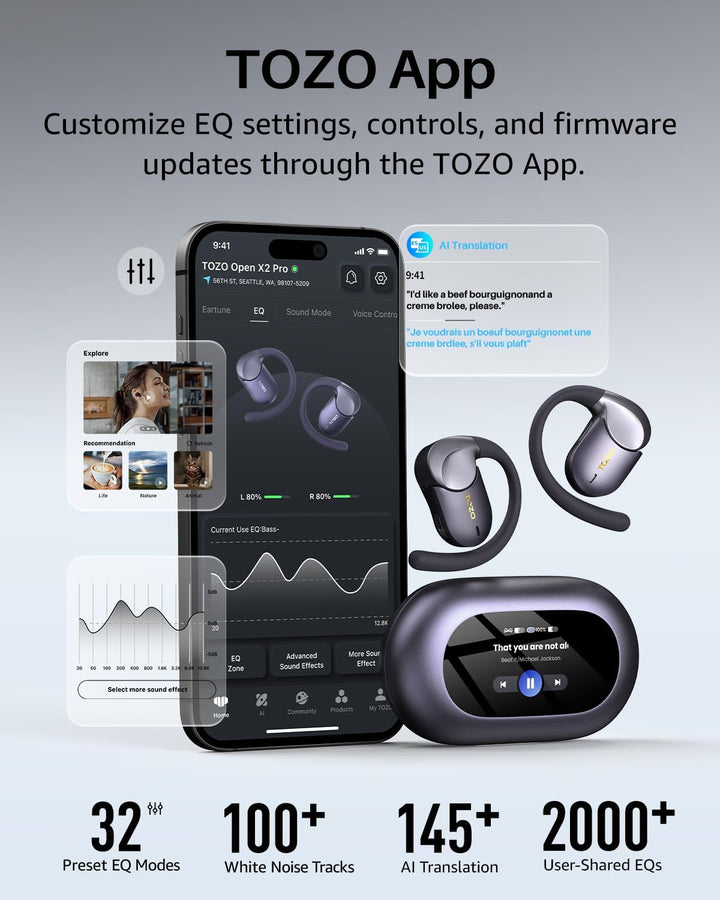 TOZO Open X2 Pro Open-Ear Kopfhörer (Titanschwarz, Sets A) | 15,4-mm Treiber, Gyro Spatial Audio, Du