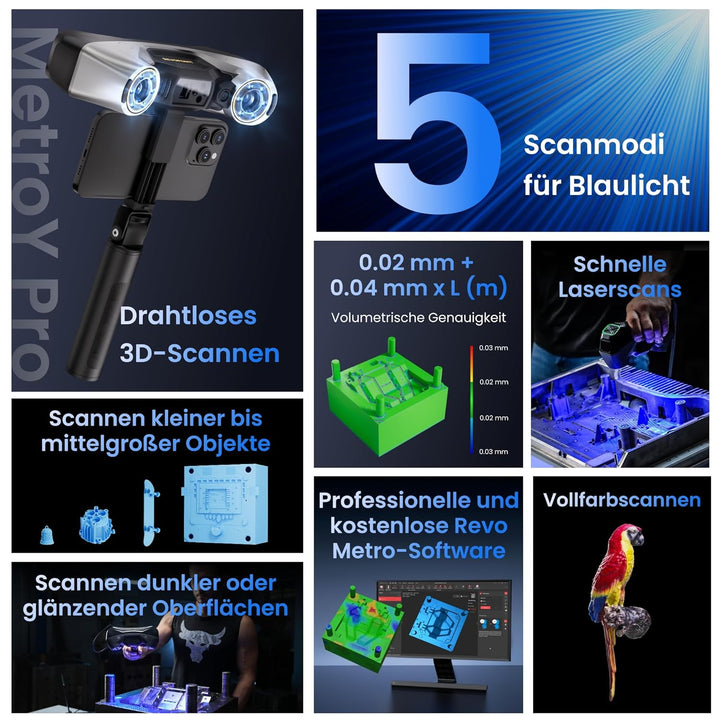 Revopoint MetroY Pro 3D-Scanner für 3D-Druck, 5 Scanmodi, bis zu 0,01 mm Präzision, 34+15+1 industri