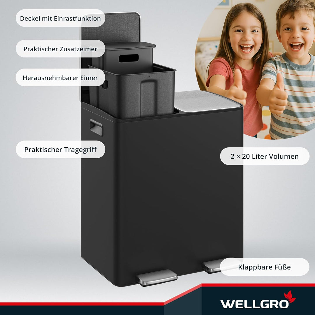 WELLGRO Mülleimer Küche 40 Liter - Edelstahl Tretmülleimer schwarz 2 Fächer, Mülltrennsystem 2 x 20