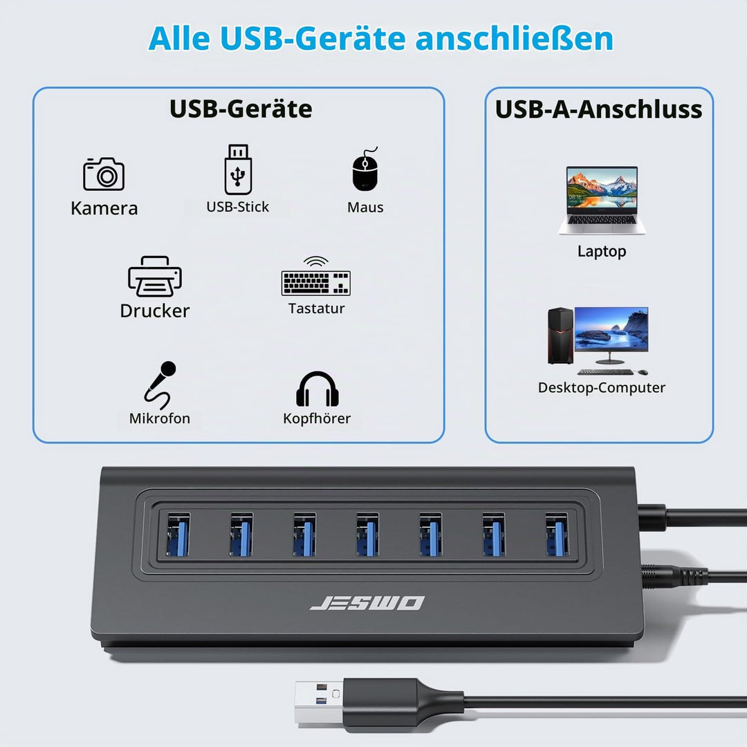 USB HUB mit Netzteil, JESWO 7-Port USB 3.0 Hub, Aluminium USB Verteiler Datenhub mit 100cm Kabel, US