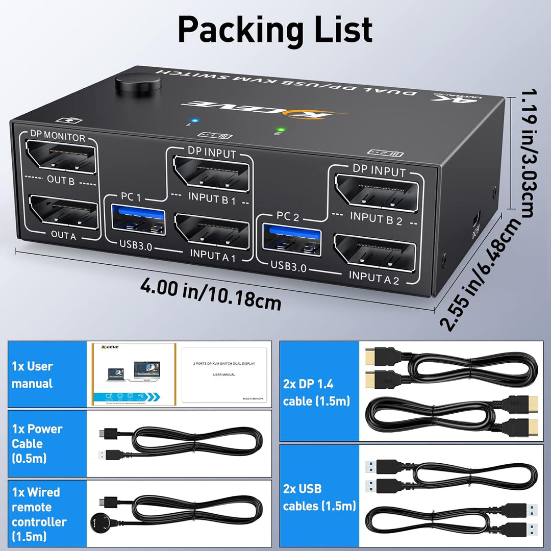 DP KVM Switch Zwei Monitore, 2 Computer 2 Monitore Displayport USB 3.0 KVM Umschalter, Unterstützt 4