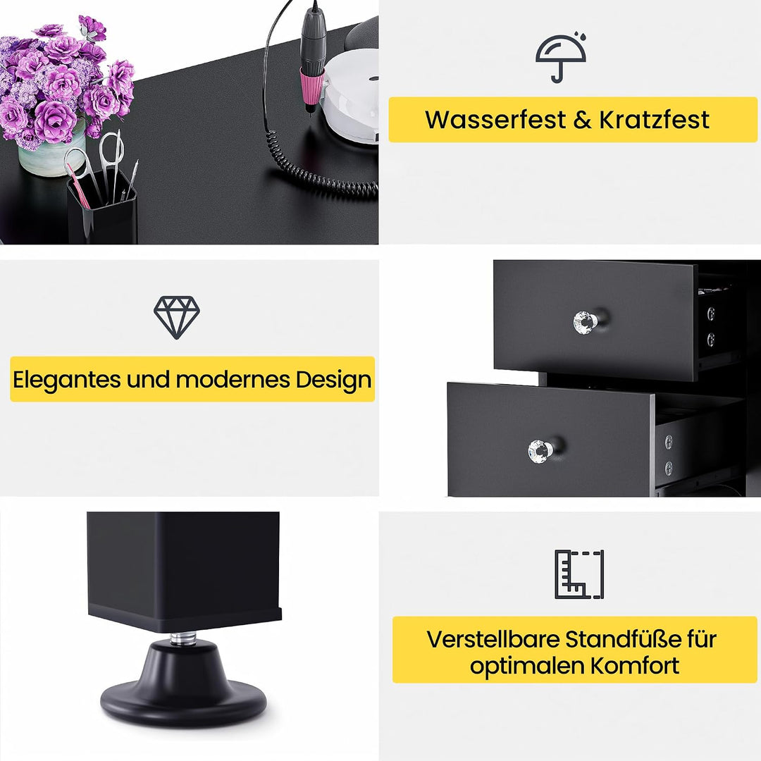 Klappbarer Nageltisch mit Staubabsaugung & LED-Lampe, Mobiler Manikürtisch auf Rollen mit 3 Schublad