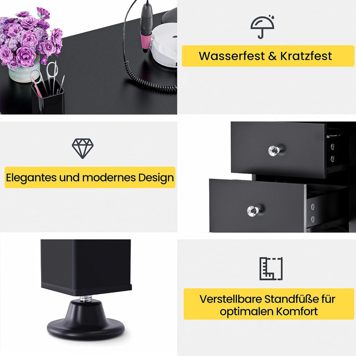 Klappbarer Nageltisch mit Staubabsaugung & LED-Lampe, Mobiler Manikürtisch auf Rollen mit 3 Schublad