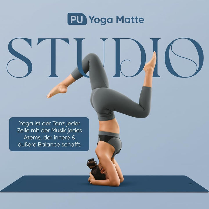 Premium Yoga-Matte STUDIO 185 x 68 x 0,4cm (extra gross) inkl. Gurt aus ECO PU & Naturkautschuk - An