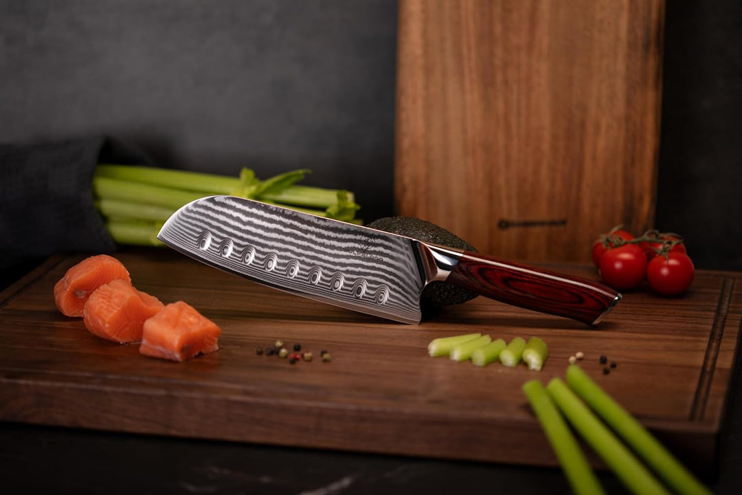 Wolfblood Damastmesser Santoku Messer XL (30cm) TÜV geprüfter 62 HRC Damaststahl aus 67 Lagen I Dama