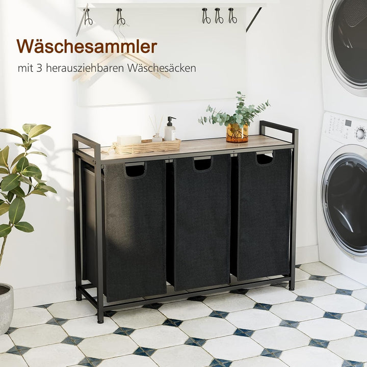 AMHANCIBLE Wäschekorb 3 Fächer, Wäschesammler mit Ablage, Wäschebox, Wäschesack aus Oxford-Gewebe au