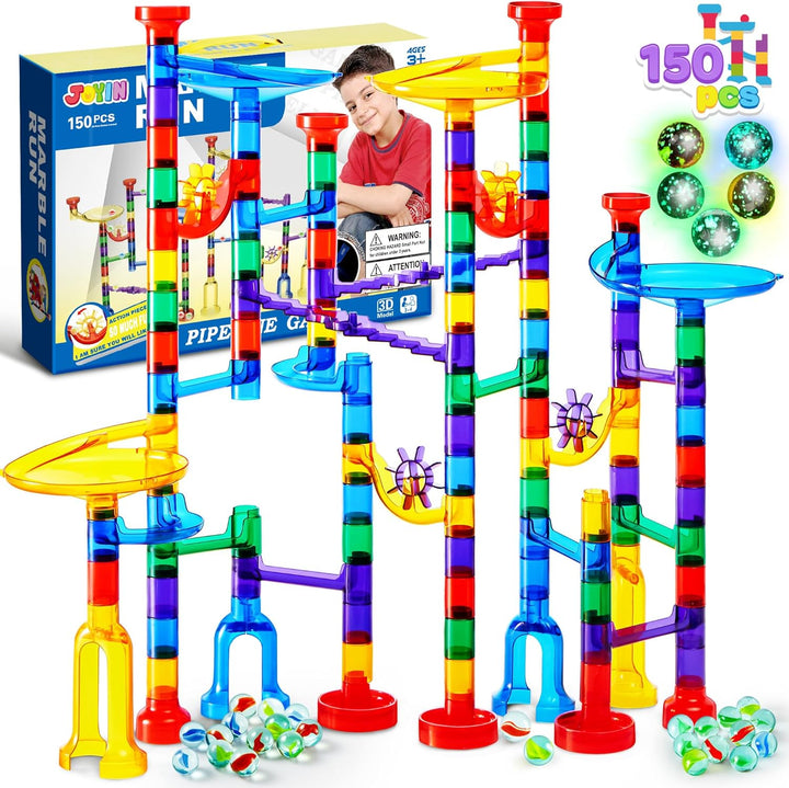JOYIN 150 Stück Mehrfarbige Murmelbahn Marble Run Set mit 100 Bahnelementen und 50 Glasmurmeln, Kuge