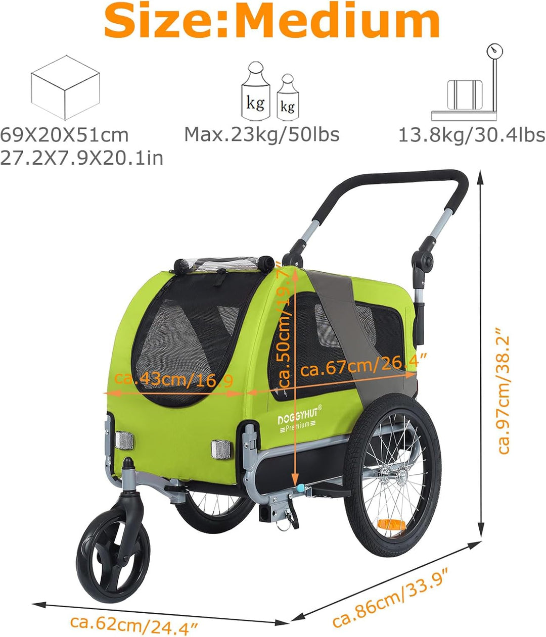 DOGGYHUT® Premium MEDIUM Hundefahrradanhänger & Jogger 2in1 Fahrradanhänger 80104 (Grün)