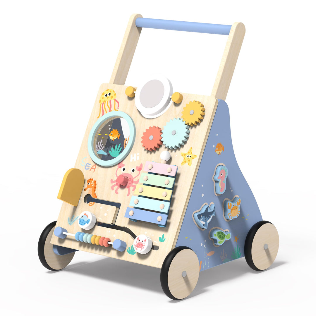 Lauflernwagen Holz, Ozean Baby Lauflernhilfe mit Multifunktional Montessori Spielzeug, Holzspielzeug