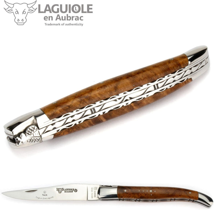 Laguiole en Aubrac Taschenmesser - Teak Maserknolle - 12 cm Doppelplatine - Klinge 10 cm und Backen