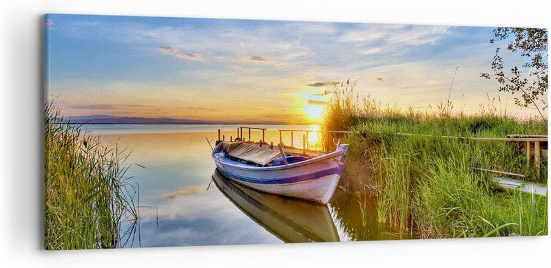 Wandbilder Dekoration Wohnzimmer See Boot Wasser Panorama Bilder auf Leinwand 120x50cm Leinwandbild