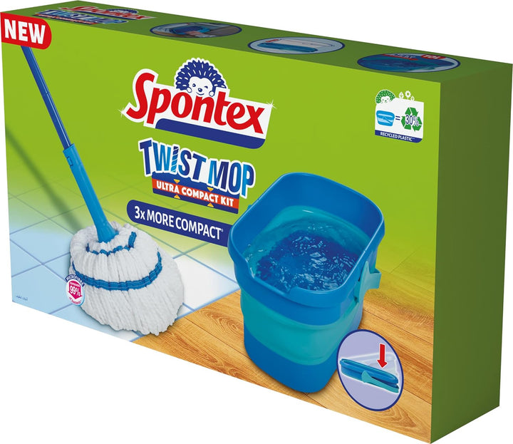Spontex Ultra Compact Twist Mop und Eimer Set, Mikrofaser-Mopp mit eingebautem Selbstauswringsystem,