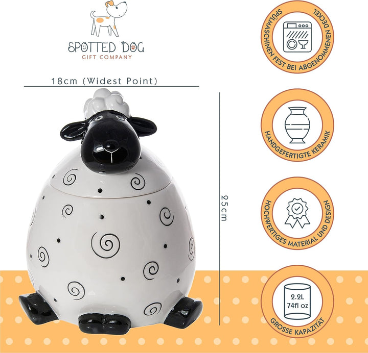 SPOTTED DOG GIFT COMPANY - Keksdose Keramik, Vorratsdose mit Deckel 2.2L, Schwarz und Weiss Schaf Kü