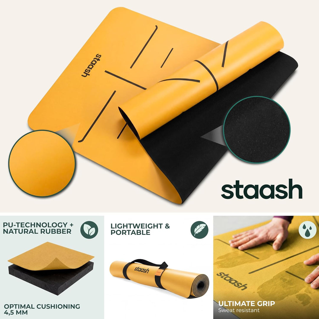 STAASH Premium Yogamatte Set – Rutschfest aus PU & Naturkautschuk (4,5mm) – Inkl. Yoga Handtuch, Gur