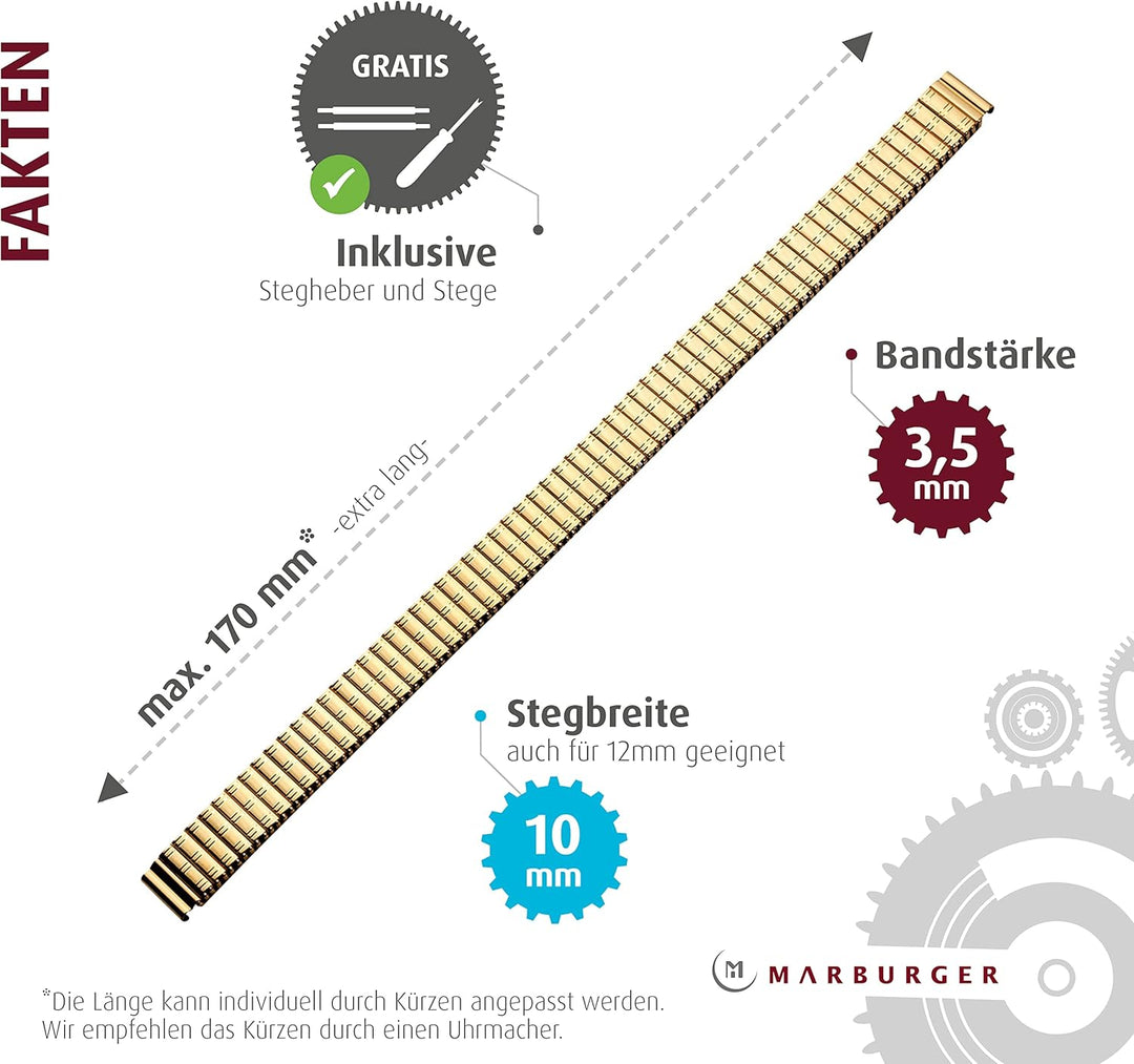 MARBURGER Uhrenarmband 10mm Edelstahl Gold XL - Werkzeug Montage Set 82501330020