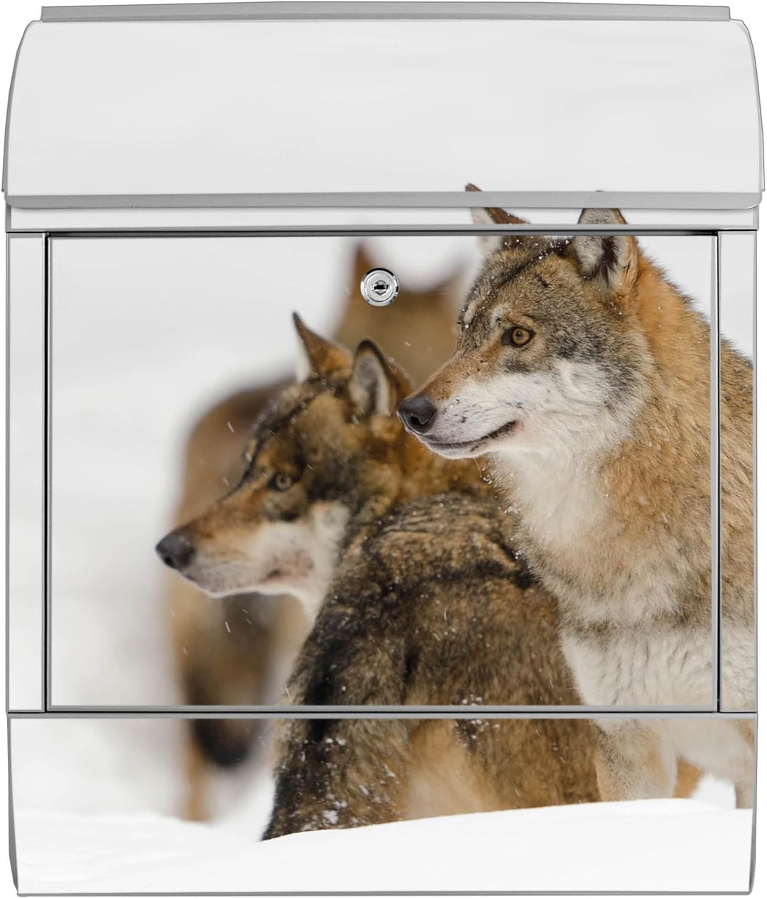 banjado® Design Briefkasten mit Motiv Wölfe 39x47x14cm &amp; 2 Schlüssel - Briefkasten Stahl Silber mit
