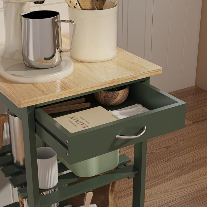 [en.casa] Servierwagen Biel Grün/Holzfarben 76 x 37 x 37 cm Küchenwagen Aufbewahrungsregal mit Rolle