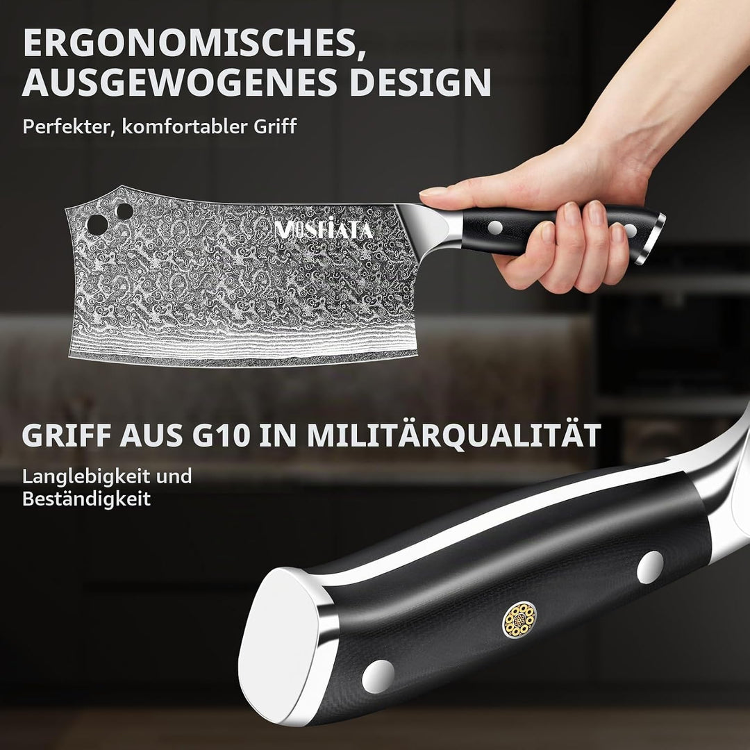 MOSFiATA Damast Hackmesser 7 Zoll, Kochmesser Klassik Chinesches Küchenmesser, Damastmesser Kochmess