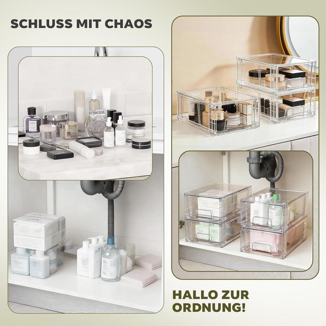 4er-Set Mittelgrosse Stapelbare Aufbewahrungsschubladen – Transparente Acryl-Organizer mit Griffen,