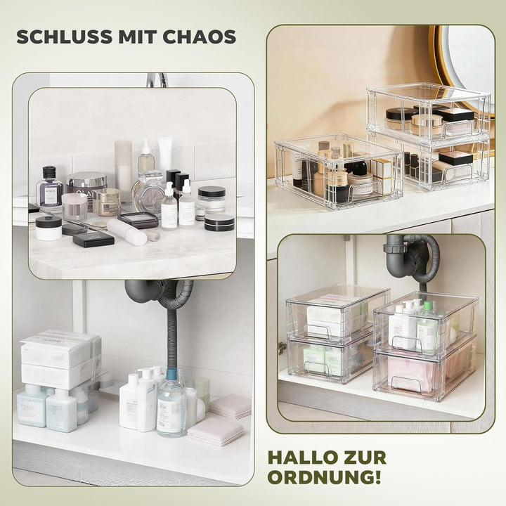 4er-Set Mittelgrosse Stapelbare Aufbewahrungsschubladen – Transparente Acryl-Organizer mit Griffen,