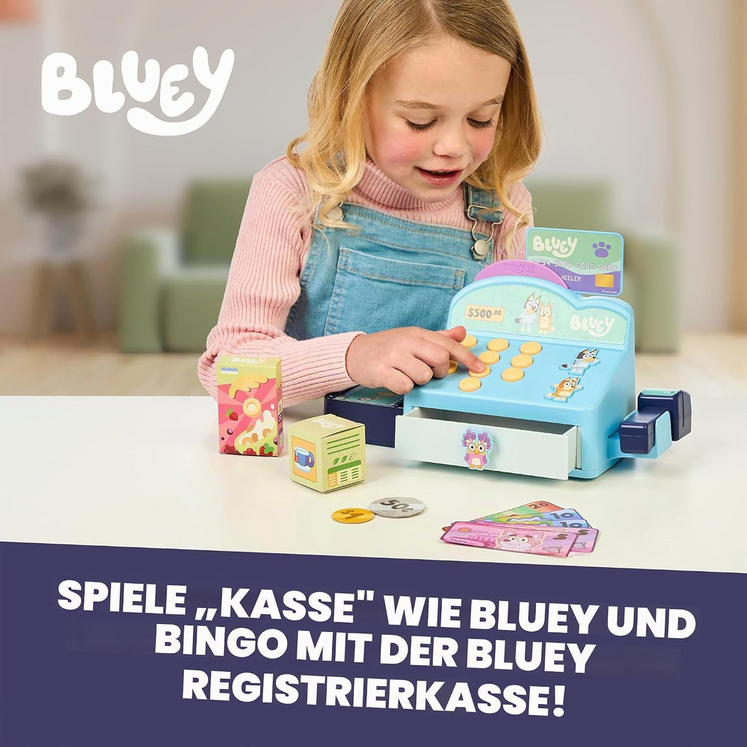 Bluey – Kasse. Drücke auf die Knöpfe, um Pieptöne, Geräusche und Sätze von Bluey und Bingo abzuspiel