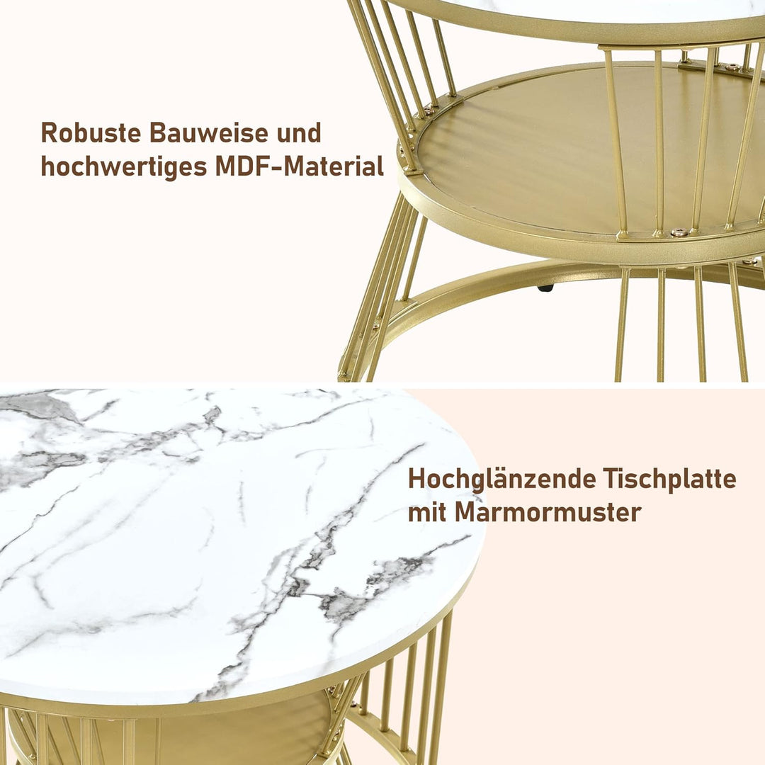 Merax Runder Couchtisch 2er Set, Moderne Beistelltisch mit Hochglanz Marmorstruktur für Wohnzimmer,