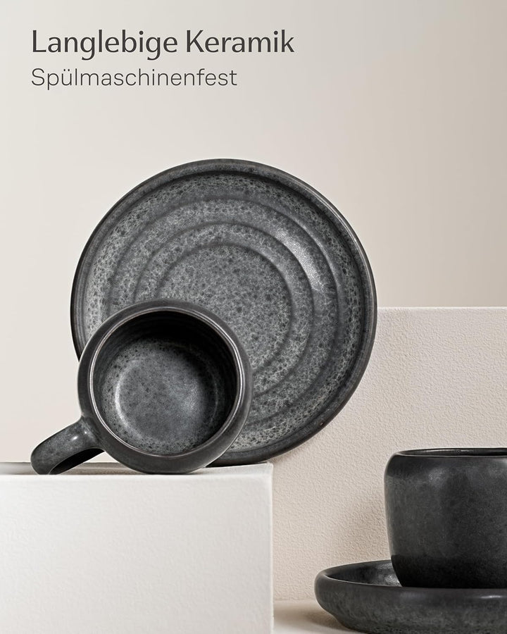 Cosumy 4er Espressotassen Set mit Untertassen Schwarz – 90 ml Keramik Espresso Tassen Set – Hält lan