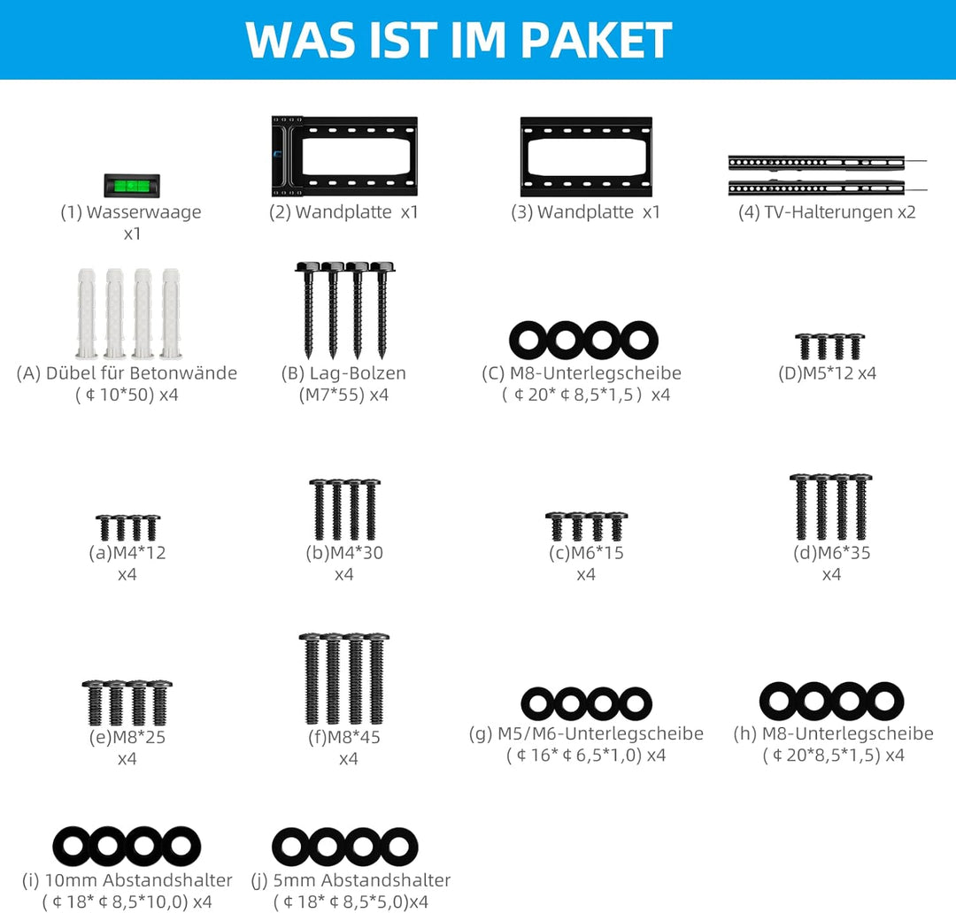 HOME VISION TV Wandhalterung，Neigbar Fernsehhalterung Wand，Universal Fernseh Halterung，für 32-86 Zol