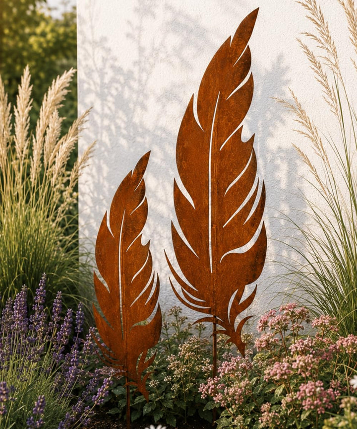 Terma Rost Feder Set XXL 134cm Höhe Gartenstecker, Gartenfigur gross, Metallfigur Garten, Gartenstec