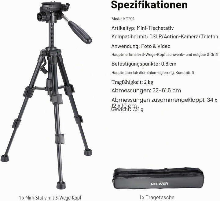 NEEWER Basic Mini Tisch Stativ für Kamera mit 3 Wege Schwenk Neigekopf und Handgriff, Kleiner tragba