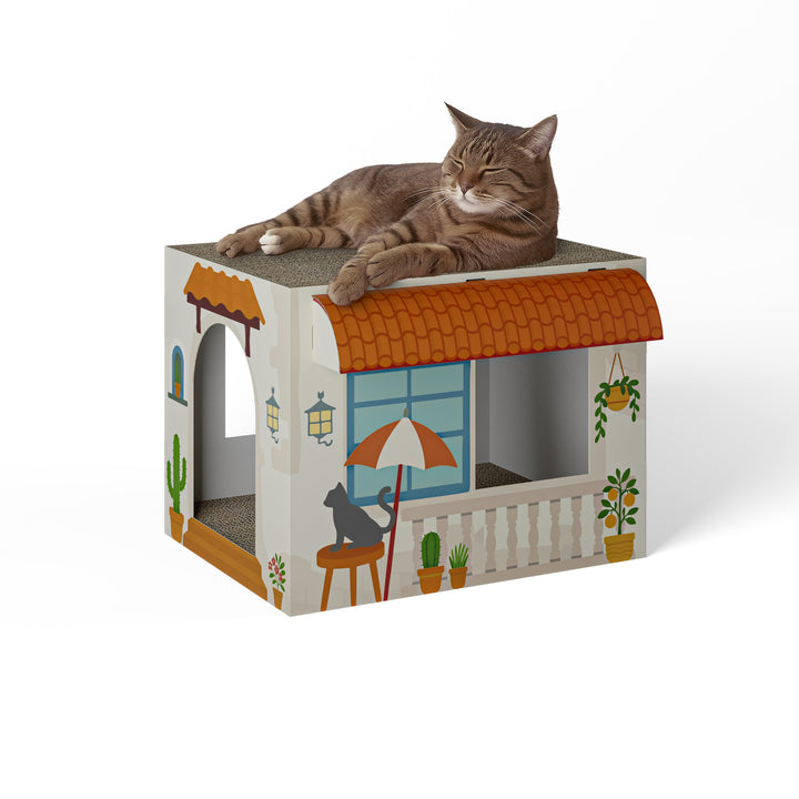 Cat’s Palace Katzenhaus Mediterrane Finca – Rückzugsort &amp; Kratzmöbel mit 2 Kratzflächen für Katzen |