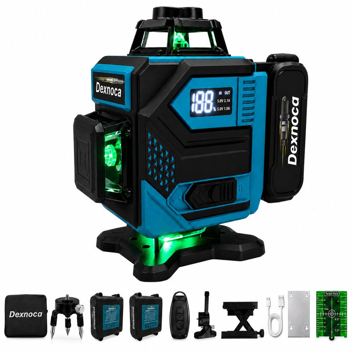 16 Linien Laser Wasserwaage, 2x8000mAh Akkus, 4x360° Grüner Strahl Selbstnivellierendes Kreuzlinienw