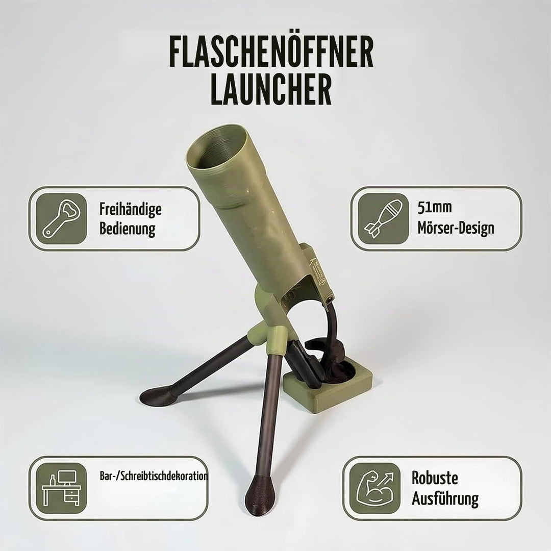 Mörser-Flaschenöffner "Suffkanone" mit automatischem Kronkorken-Auswurf, Drucköffner freihand, für 3