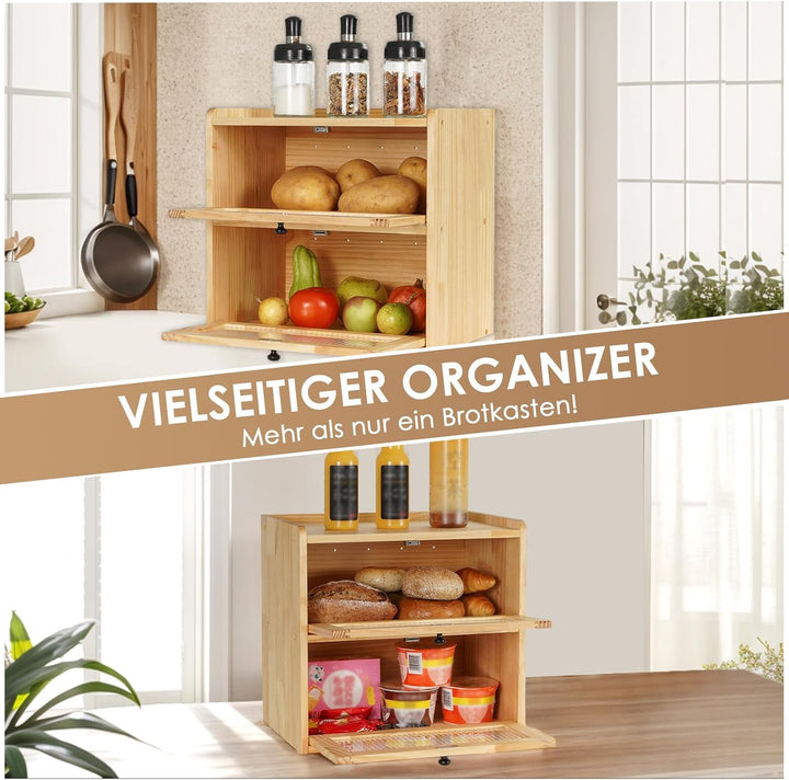 GUUSII HOME Brotkasten Gross Brotbox Küche Holz Gross Brotaufbewahrung 2 Etagen Brotkästen XL 36x24x