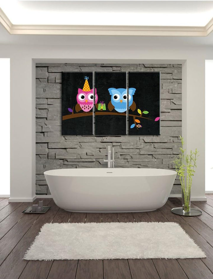 Pixxprint Party Eulen als Leinwandbild/Grösse: 3 Teilig (120x80) cm/Wandbild/Kunstdruck/fertig bespa