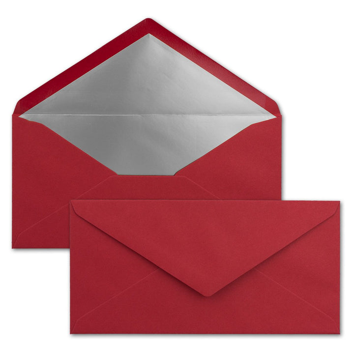 75 Brief-Umschläge DIN Lang - Dunkel-Rot mit Silber-Metallic Innen-Futter - 110 x 220 mm - Nassklebu