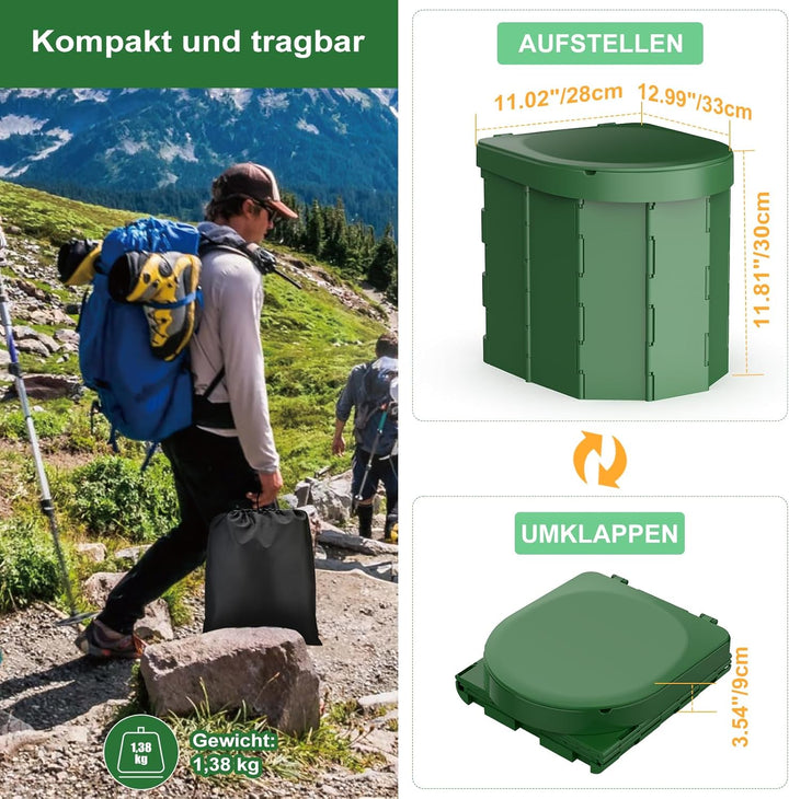 WADEO Tragbare Campingtoilette mit Deckel, 30 cm hohe Mobile Toilette mit 12 Stück Toilettenbeutel,