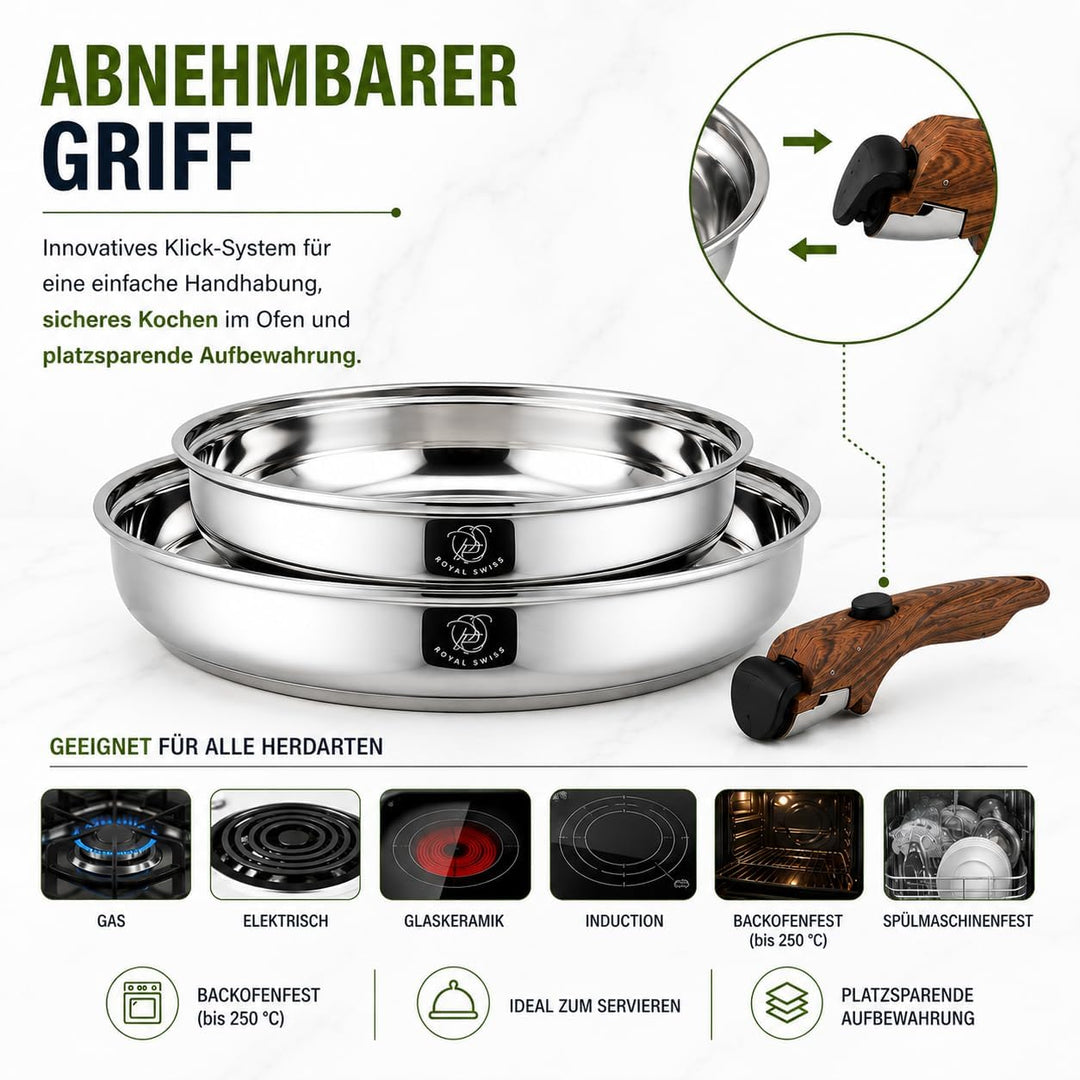 Royal Swiss® Premium Edelstahl Pfannen Set – 3-teilig (24 & 28 cm) mit Abnehmbarem Griff – Induktion
