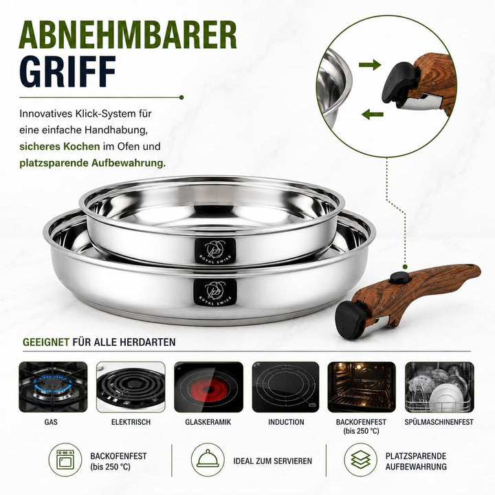 Royal Swiss® Premium Edelstahl Pfannen Set – 3-teilig (24 & 28 cm) mit Abnehmbarem Griff – Induktion