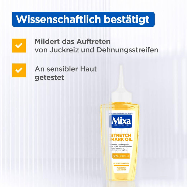 Mixa Stretch Mark Oil, Anti-Dehnungsstreifen Öl, Mildert das Erscheinungsbild & den Juckreiz von Deh