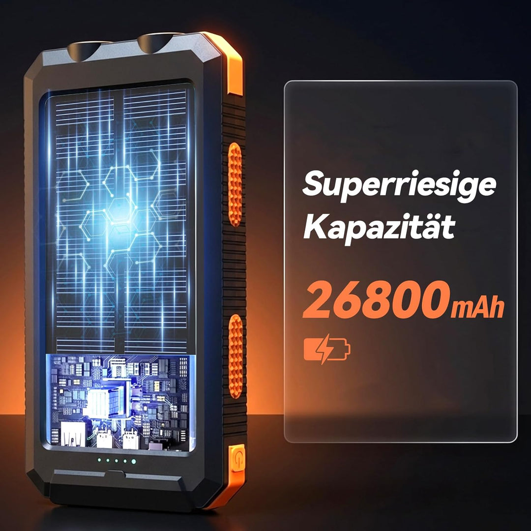 Vikeri Solar Powerbank 26800mAh, Tragbares Solarladegerät | Wasserdichtes USB C Externer Akku mit 4
