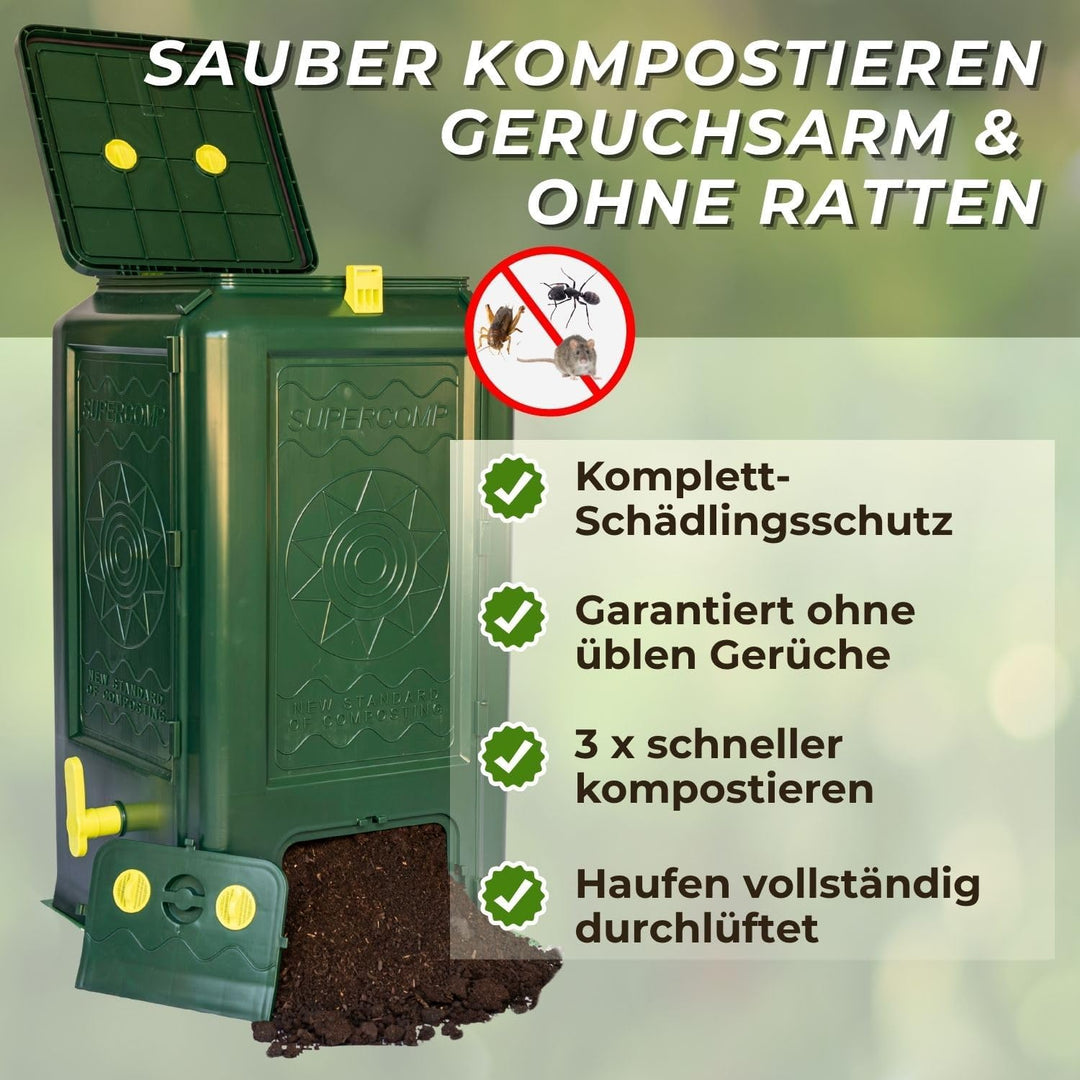 SUPERCOMP Schnellkomposter 350L - Komplett-Schädlingsschutz rundum Dichtungen und Gitter, geruchsarm
