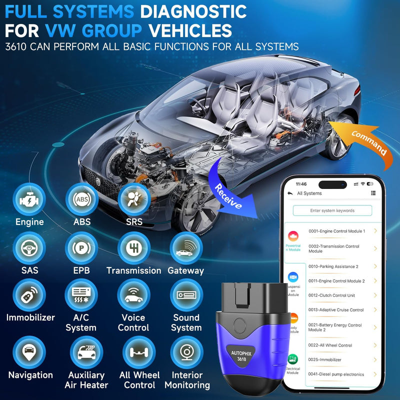 AUTOPHIX 3610 OBD2 Bluetooth Diagnosegerät Kompatibel mit VW Audi Skoda Seat All-System OBD2 Scanner