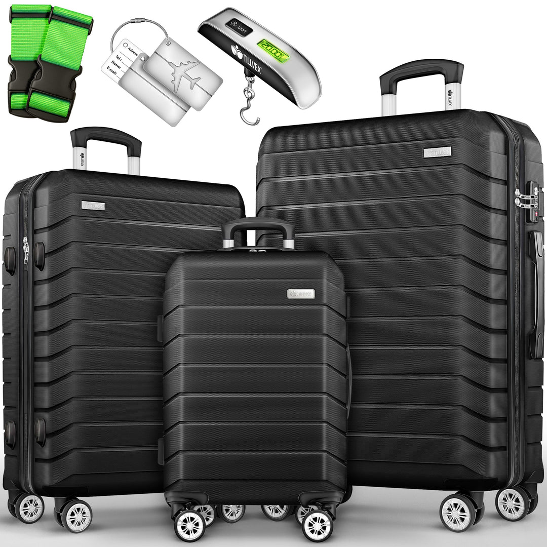 tillvex® Reisekoffer Set 3-TLG. + Gepäckwaage, 6X Koffergurte & 3X Kofferanhänger | Kofferset 4 Roll