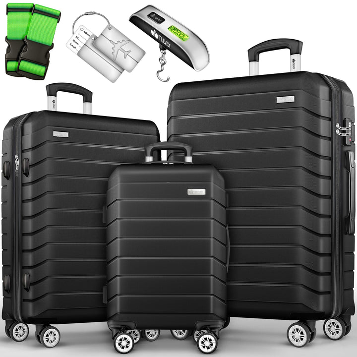 tillvex® Reisekoffer Set 3-TLG. + Gepäckwaage, 6X Koffergurte & 3X Kofferanhänger | Kofferset 4 Roll