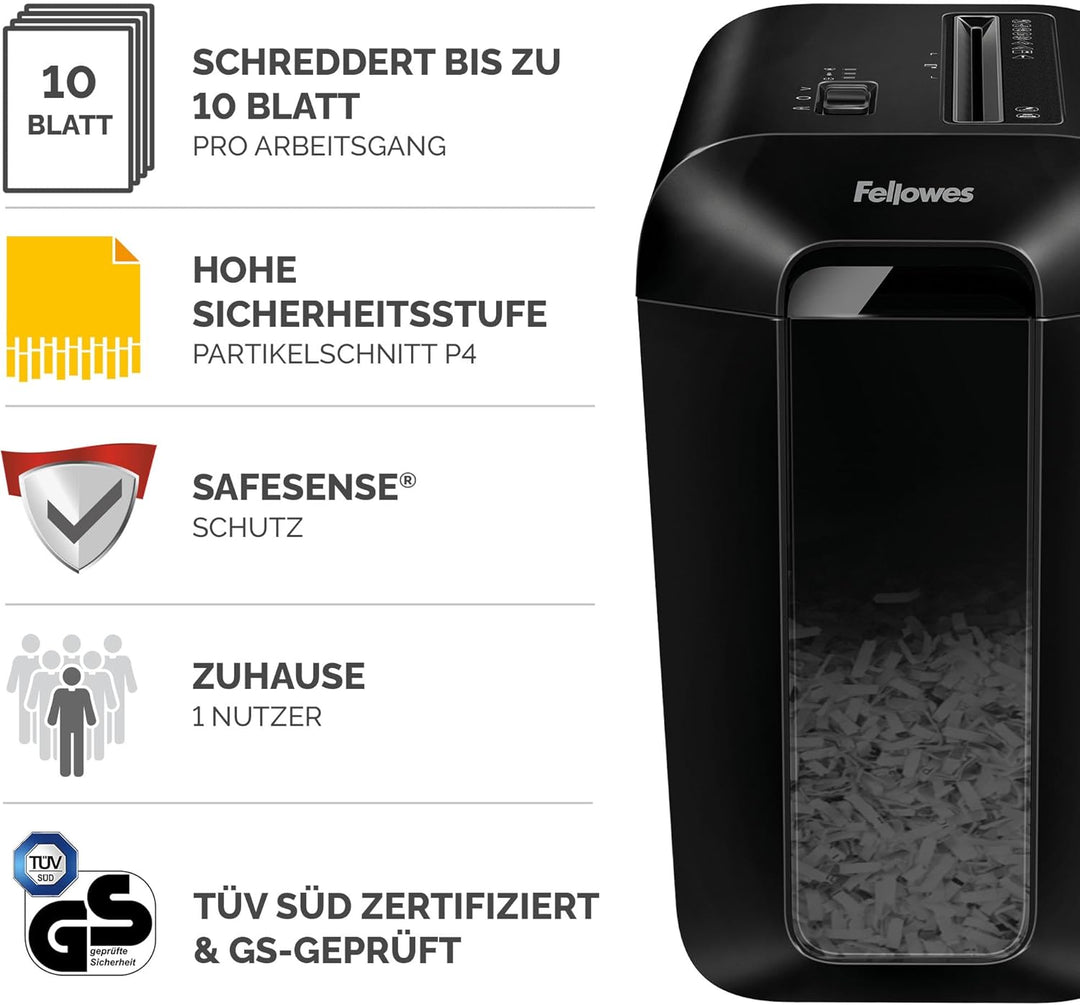 Fellowes Aktenvernichter 10 Blatt (P4), Papierschredder mit Partikelschnitt für Zuhause, Büro, Power