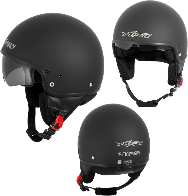 A-Pro Motorradhelm Motorrad Roller Jet Helm Innensonnenblende Viser Matt Schwarz XL 60 cm (XL) Schwa